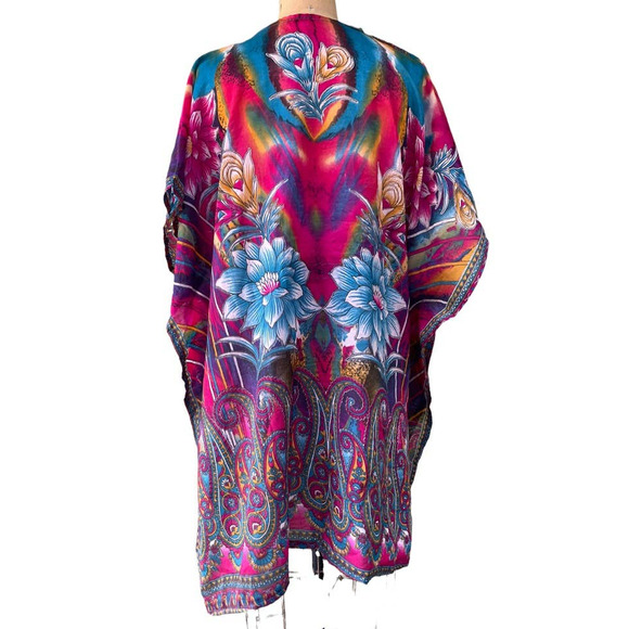 Womens Kaftan House Dress Floral Multicolor Batwing Sleeve V-Neckline - Picture 5 of 7